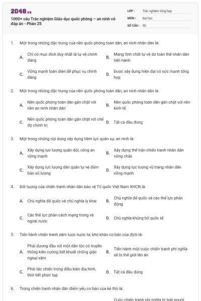 1000+ câu Trắc nghiệm Giáo dục quốc phòng – an ninh có đáp án - Phần 25