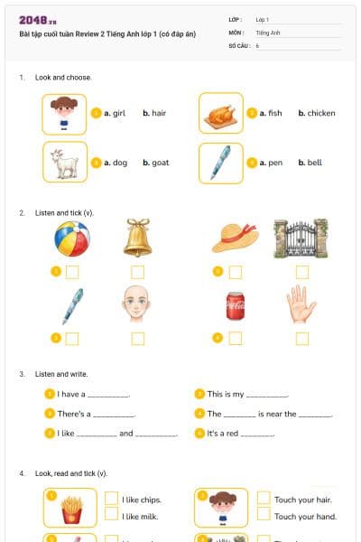 Bài tập cuối tuần Review 2 Tiếng Anh lớp 1 (có đáp án)