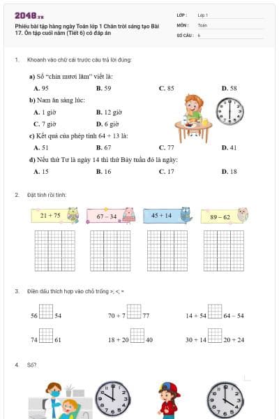 Phiếu bài tập hàng ngày Toán lớp 1 Chân trời sáng tạo Bài 17. Ôn tập cuối năm (Tiết 6) có đáp án
