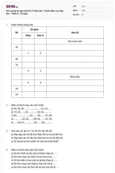 Đề cương ôn tập Cuối kì 2 Toán lớp 1 Cánh diều (có đáp án) - Phần II. Tự luận