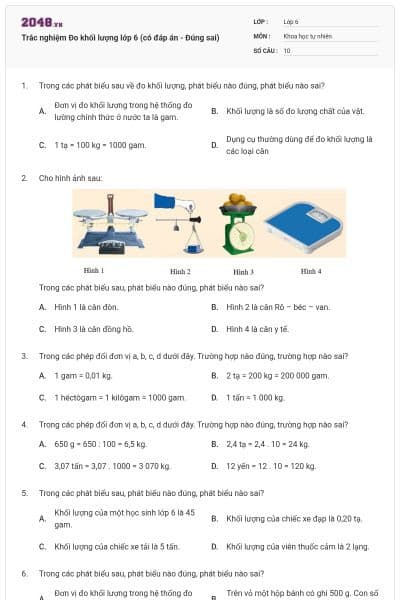 Trắc nghiệm Đo khối lượng lớp 6 (có đáp án - Đúng sai)