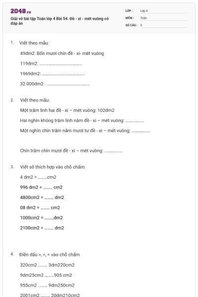 Giải vở bài tập Toán lớp 4 Bài 54. Đề - xi - mét vuông có đáp án