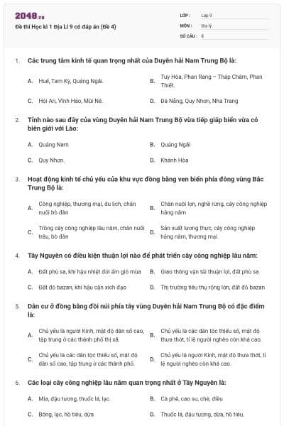 Đề thi Học kì 1 Địa Lí 9 có đáp án (Đề 4)