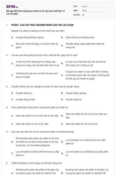 Bài tập Mô hình động học phân tử về cấu tạo chất lớp 12 (có lời giải)