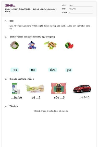 Đề thi cuối kì 1 Tiếng Việt lớp 1 Kết nối tri thức có đáp án - Đề 16