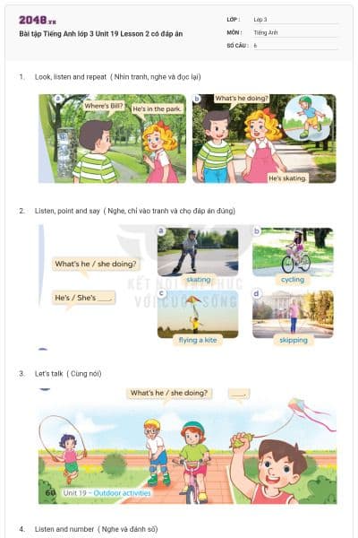 Bài tập Tiếng Anh lớp 3 Unit 19 Lesson 2 có đáp án