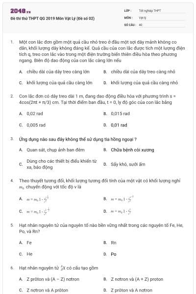 Đề thi thử THPT QG 2019 Môn Vật Lý (Đề số 02)