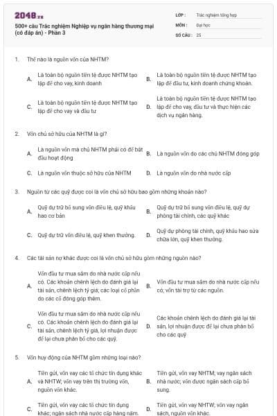 500+ câu Trắc nghiệm Nghiệp vụ ngân hàng thương mại (có đáp án) - Phần 3