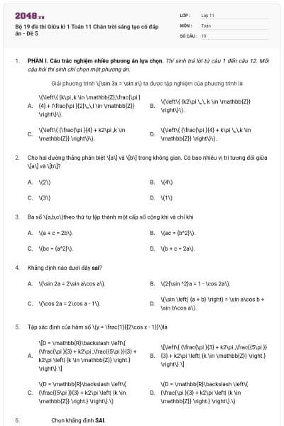 Bộ 19 đề thi Giữa kì 1 Toán 11 Chân trời sáng tạo  có đáp án - Đề 5