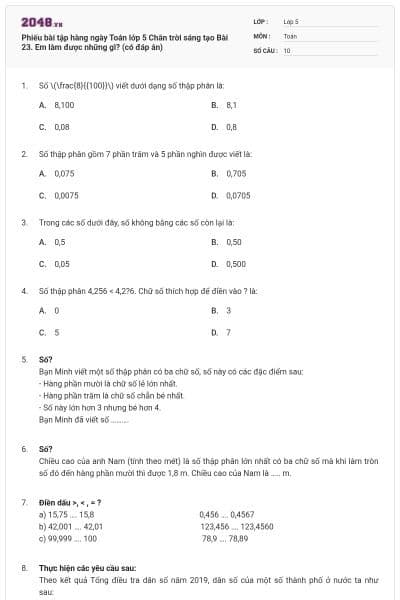 Phiếu bài tập hàng ngày Toán lớp 5 Chân trời sáng tạo Bài 23. Em làm được những gì? (có đáp án)