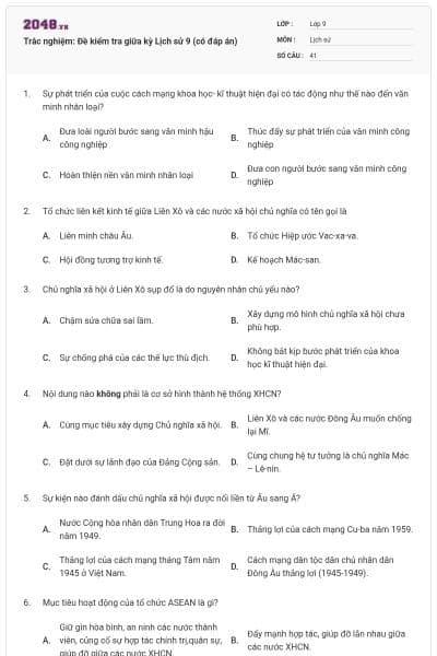 Trắc nghiệm: Đề kiểm tra giữa kỳ Lịch sử 9 (có đáp án)