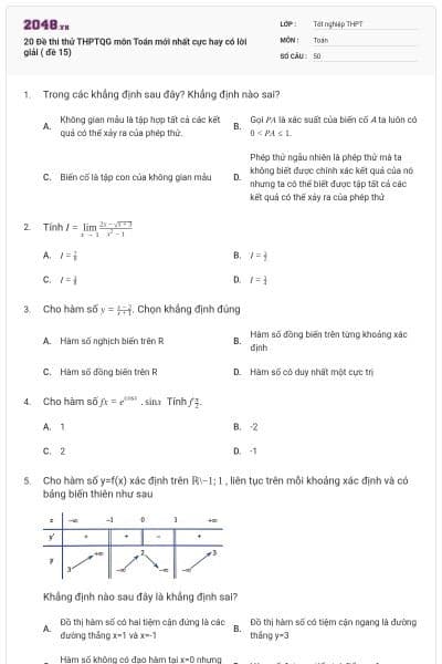 20 Đề thi thử THPTQG môn Toán mới nhất cực hay có lời giải ( đề 15)