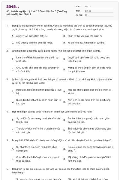 66 câu trắc nghiệm Lịch sử 12 Cánh diều Bài 3 (Có đúng sai) có đáp án - Phần 2