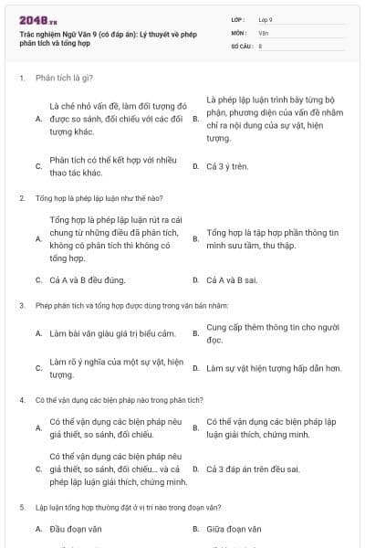 Trắc nghiệm Ngữ Văn 9 (có đáp án): Lý thuyết về phép phân tích và tổng hợp