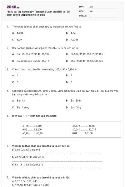 Phiếu bài tập hàng ngày Toán lớp 5 Cánh diều Bài 18. So sánh các số thập phân (có lời giải)