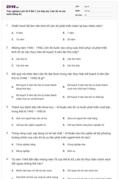 Trắc nghiệm Lịch Sử 9 Bài 1 (có đáp án): Liên Xô và các nước Đông Âu