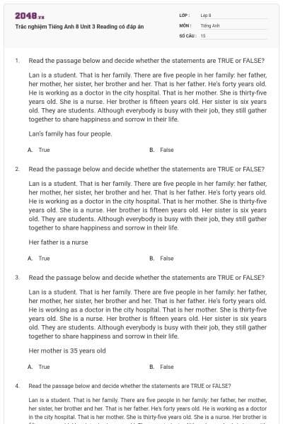Trắc nghiệm Tiếng Anh 8 Unit 3 Reading có đáp án