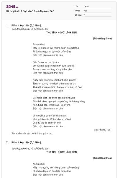 Đề thi giữa kì 1 Ngữ văn 12 (có đáp án) - Đề 1
