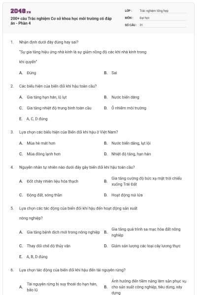 200+ câu Trắc nghiệm Cơ sở khoa học môi trường có đáp án - Phần 4