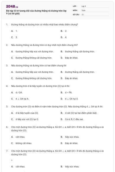 Bài tập Vị trí tương đối của đường thẳng và đường tròn lớp 9 (có lời giải)