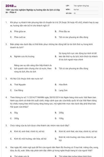 100+ câu trắc nghiệm Nghiệp vụ hướng dẫn du lịch có đáp án - Phần 4