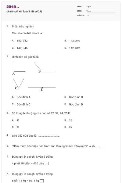 Đề thi cuối kì I Toán 4 (đề số 29)