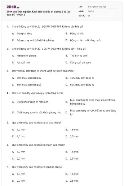 500+ câu Trắc nghiệm Khai thác và bảo trì đường ô tô (có đáp án) - Phần 2