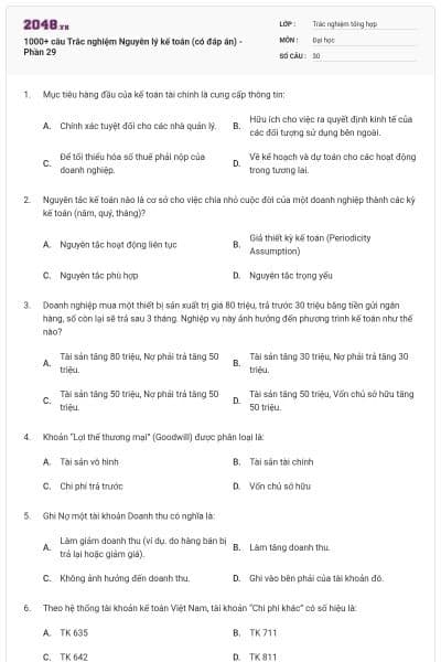 1000+ câu Trắc nghiệm Nguyên lý kế toán (có đáp án) - Phần 29