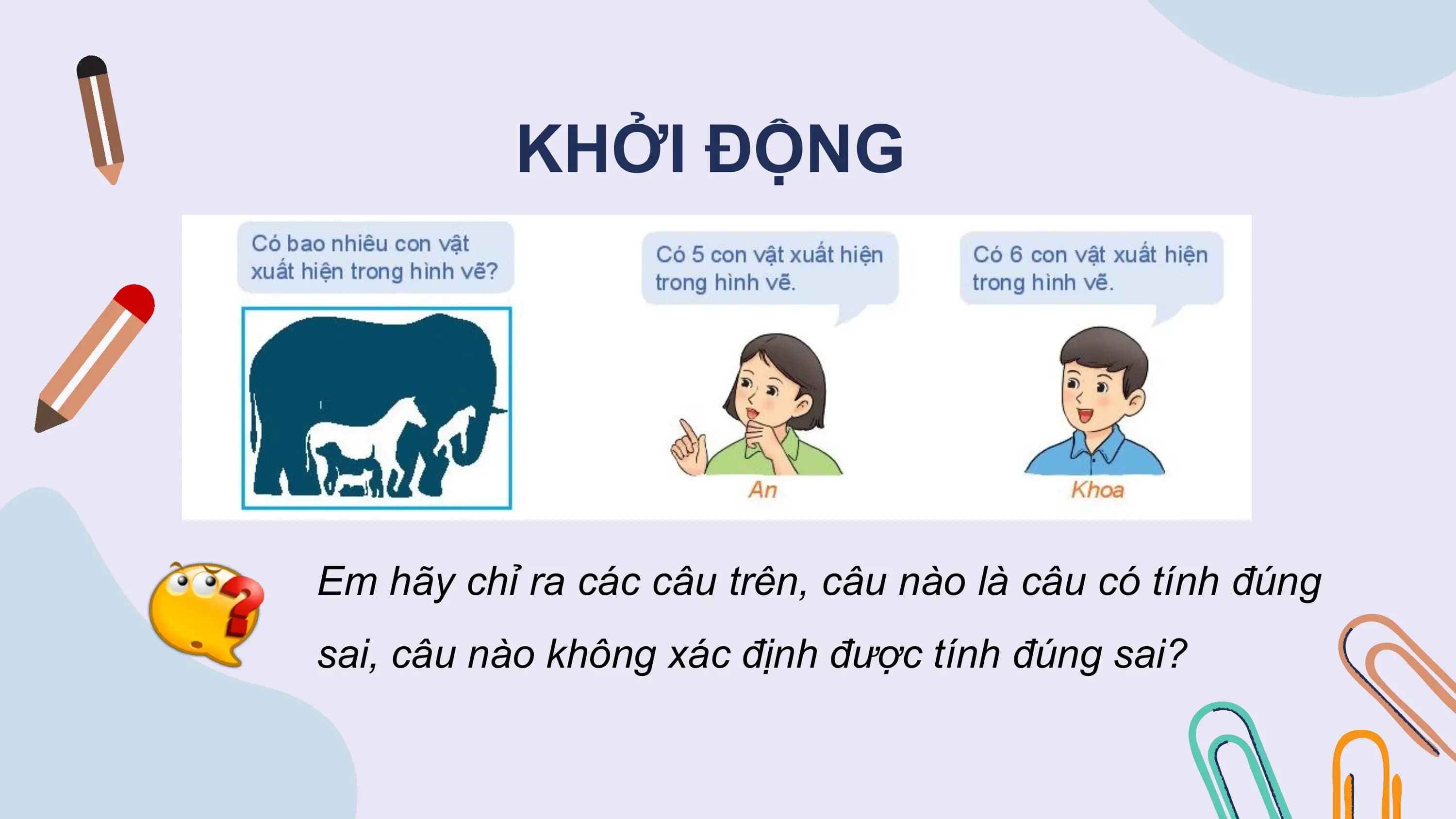 KHỞI ĐỘNG

Em hãy chỉ ra các câu trên, câu nào là câu có tính đúng
sai, câu nào không xác định được tính đúng sai?