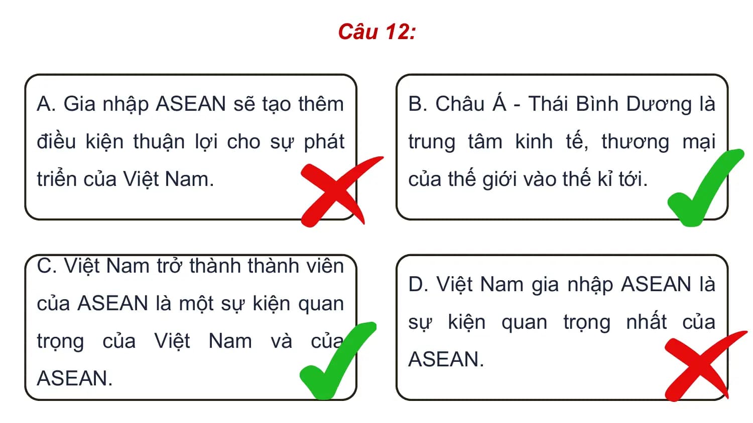 Câu 12:

A. Gia nhập ASEAN sẽ tạo thêm B. Châu Á - Thái Bình Dương là
điều kiện thuận lợi cho sự phát trung tâm kinh tế, thương mại
triển của Việt Nam. của thế giới vào thế kỉ tới.

C. Việt Nam trở thành thành viên
 D. Việt Nam gia nhập ASEAN là
của ASEAN là một sự kiện quan
 sự kiện quan trọng nhất của
trọng của Việt Nam và của
 ASEAN.
ASEAN.