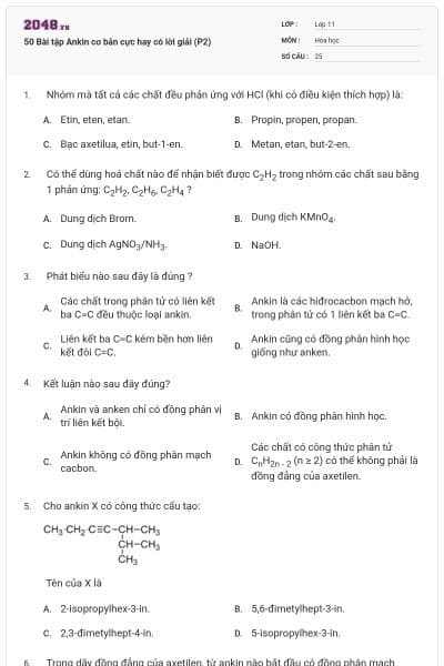 50 Bài tập Ankin cơ bản cực hay có lời giải (P2)