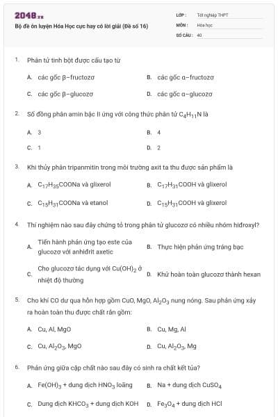 Bộ đề ôn luyện Hóa Học cực hay có lời giải (Đề số 16)