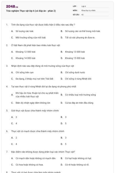 Trắc nghiệm Thực vật lớp 6 (có đáp án - phần 2)