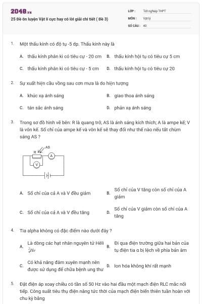 25 Đề ôn luyện Vật lí cực hay có lời giải chi tiết ( Đề 3)
