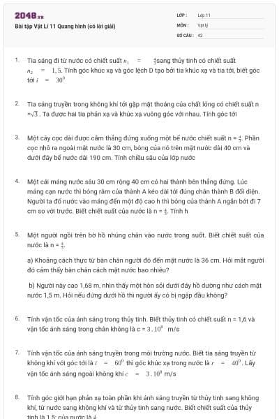 Bài tập Vật Lí 11 Quang hình (có lời giải)
