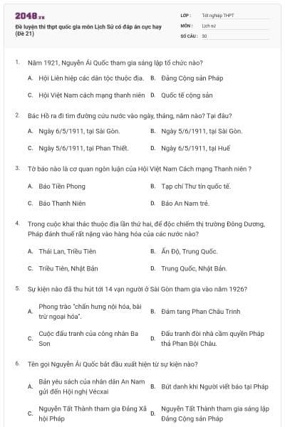 Đề luyện thi thpt quốc gia môn Lịch Sử có đáp án cực hay (Đề 21)