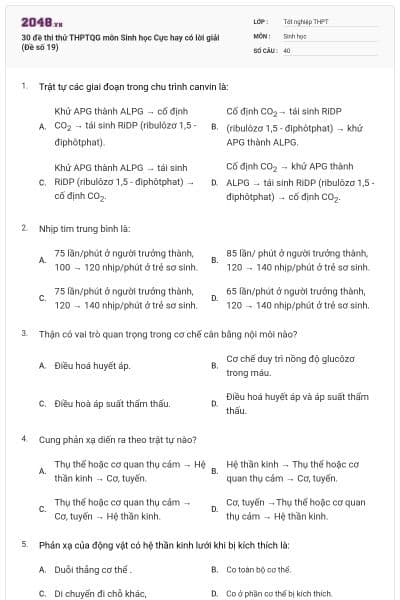 30 đề thi thử THPTQG môn Sinh học Cực hay có lời giải (Đề số 19)