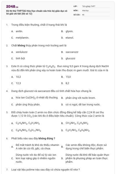 Đề thi thử THPTQG Hóa Học chuẩn cấu trúc bộ giáo dục có lời giải chi tiết (Đề số 12)