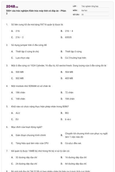 500+ câu trắc nghiệm Kiến trúc máy tính có đáp án - Phần 2