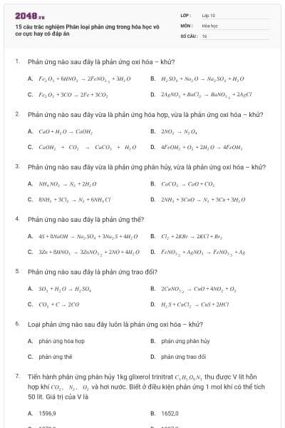 15 câu trắc nghiệm Phân loại phản ứng trong hóa học vô cơ cực hay có đáp án