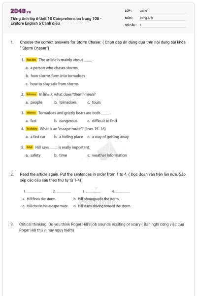Tiếng Anh lớp 6 Unit 10 Comprehension trang 108 - Explore English 6 Cánh diều