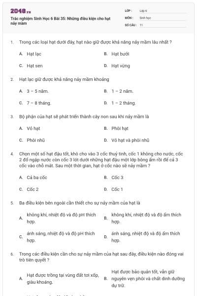 Trắc nghiệm Sinh Học 6 Bài 35: Những điều kiện cho hạt nảy mầm