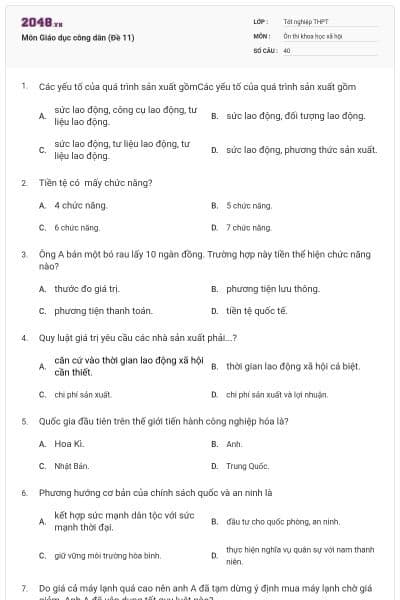 Môn Giáo dục công dân (Đề 11)
