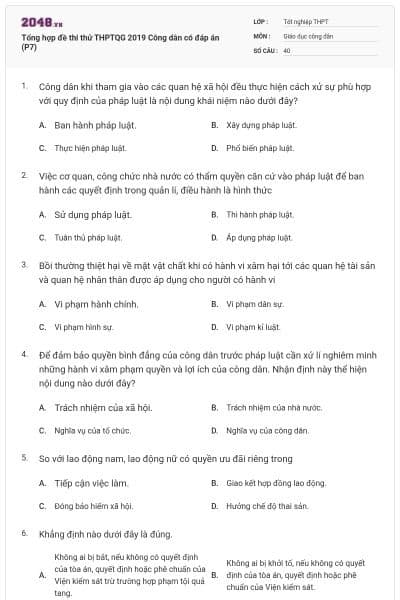 Tổng hợp đề thi thử THPTQG 2019 Công dân có đáp án (P7)
