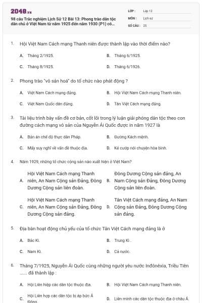 98 câu Trắc nghiệm Lịch Sử 12 Bài 13: Phong trào dân tộc dân chủ ở Việt Nam từ năm 1925 đến năm 1930 (P1) có đáp án
