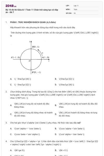 Bộ 10 đề thi Giữa kì 1 Toán 11 Chân trời sáng tạo có đáp án - Đề 7