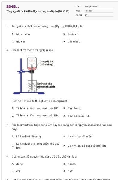 Tổng hợp đề thi thử Hóa Học cực hay có đáp án (Đề số 23)