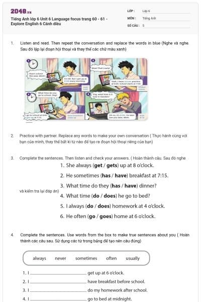 Tiếng Anh lớp 6 Unit 6 Language focus trang 60 - 61 - Explore English 6 Cánh diều