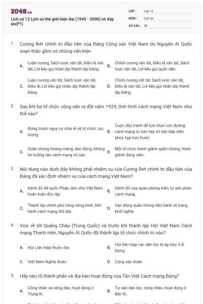Lịch sử 12 Lịch sử thế giới hiện đại (1945 - 2000) có đáp án(P1)