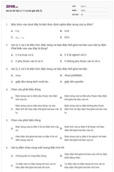 Đề ôn thi Vật Lí 11 có lời giải (Đề 5)